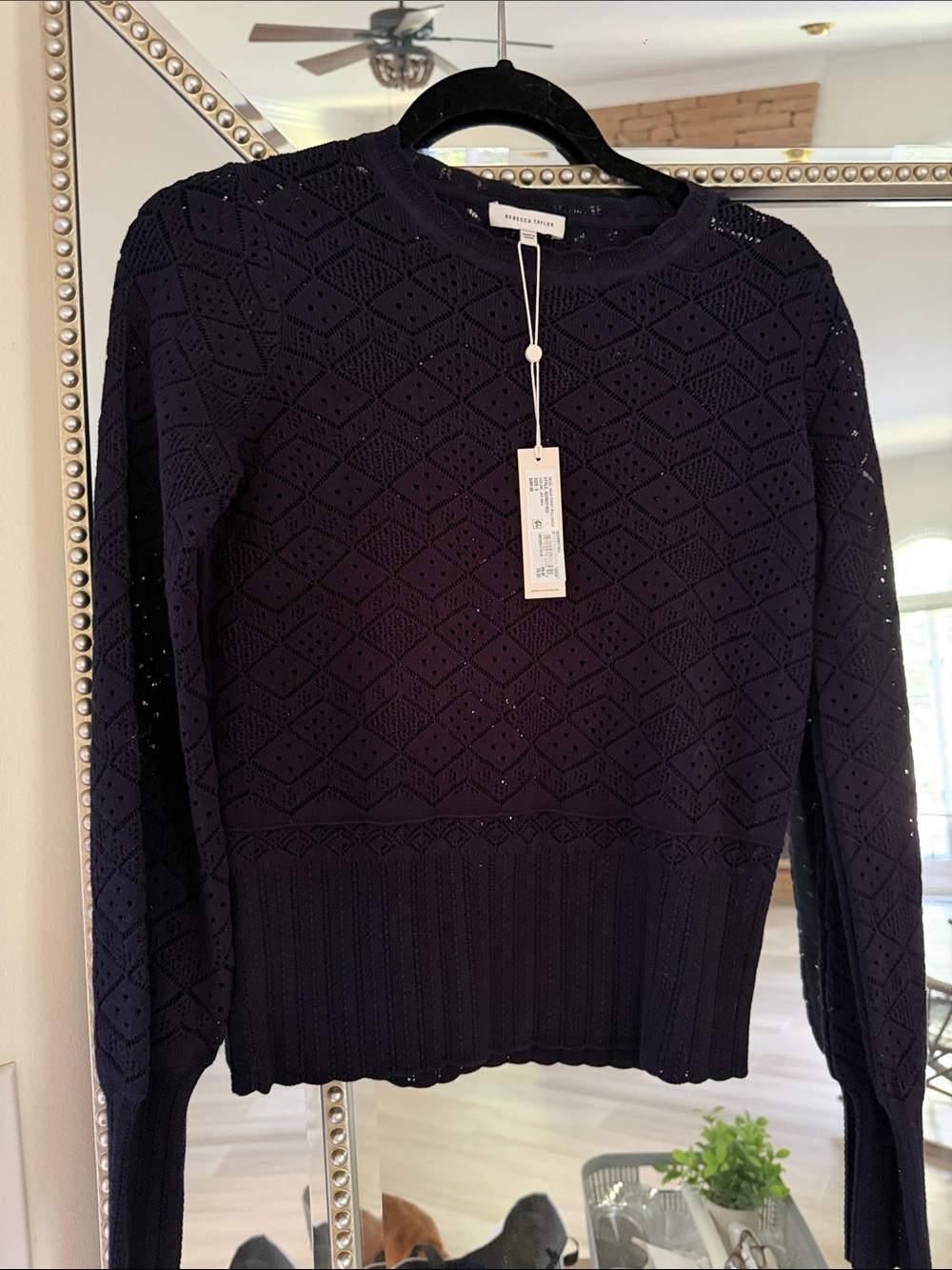 Rebecca Taylor NWT Frame Diamond Eyelet Knit Sweater - Navy